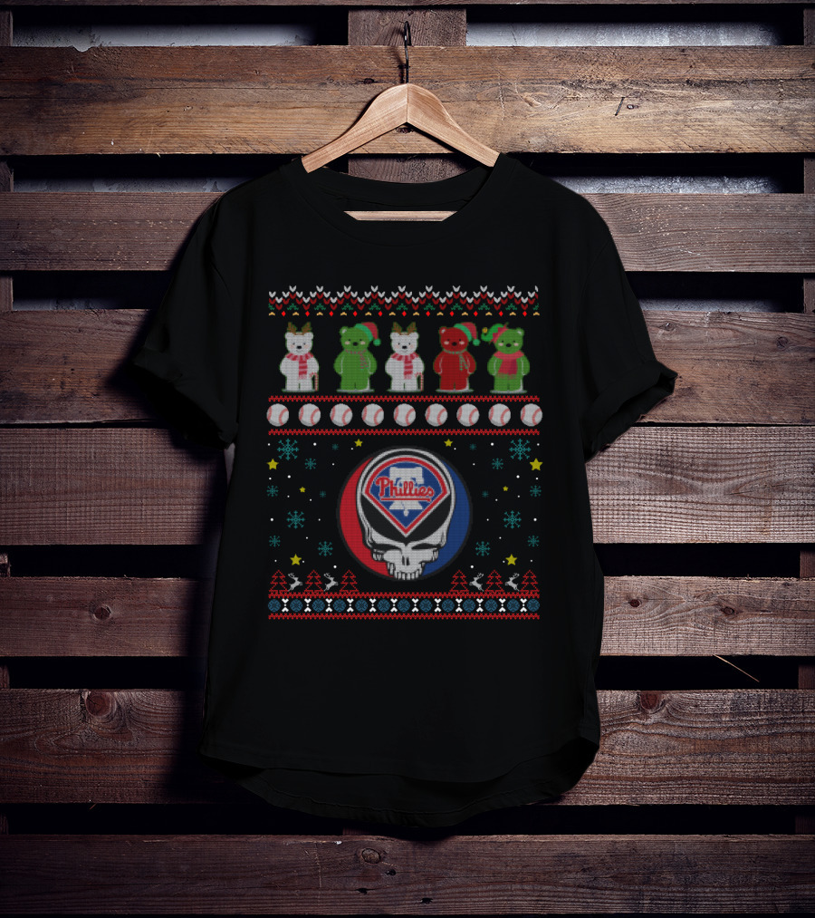 Philadelphia Phillies Grateful Dead Bears Baseball Skull Winter T-Shirt