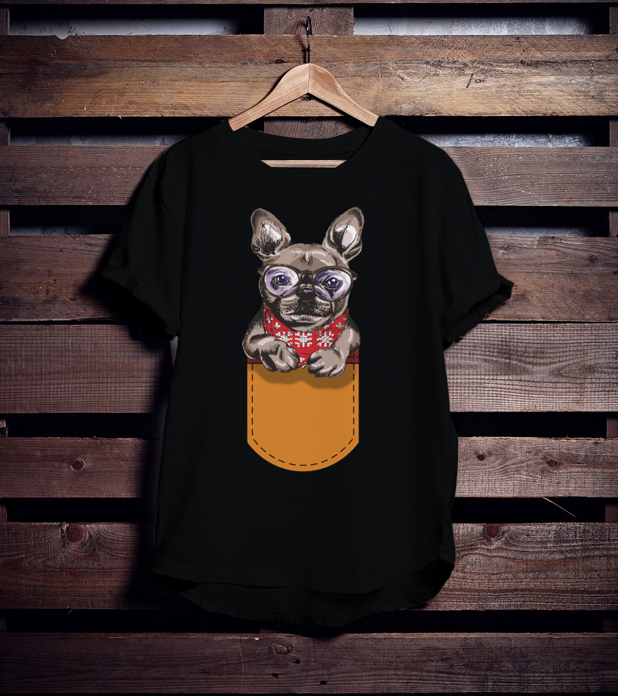 Cool Frenchie France Bulldog In Glasses With Red Scarf In Pocket T-Shirt