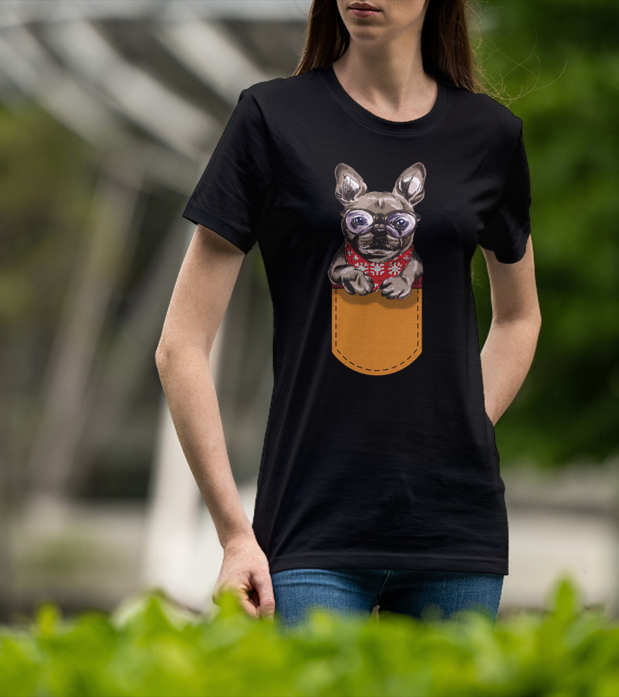 Cool Frenchie France Bulldog In Glasses With Red Scarf In Pocket T-Shirt