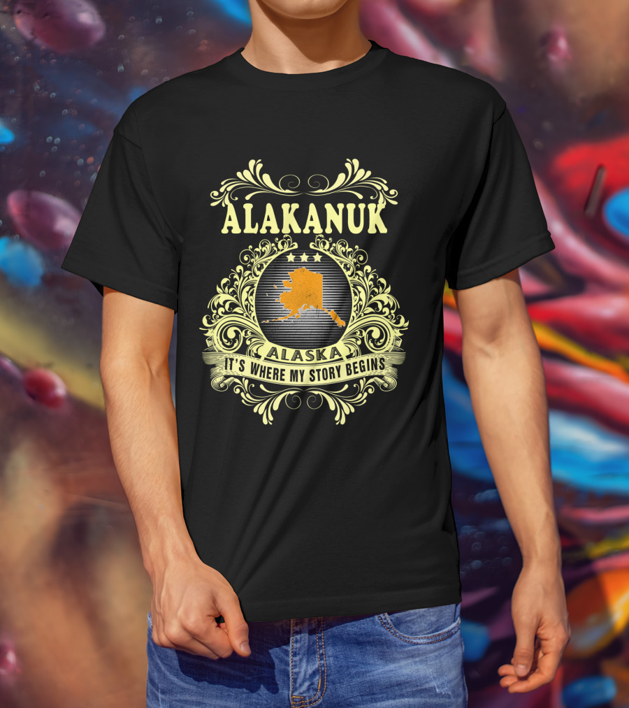 Alakanuk Alaska It's Where My Story Begins Ornate Design With State Map In Center T-Shirt