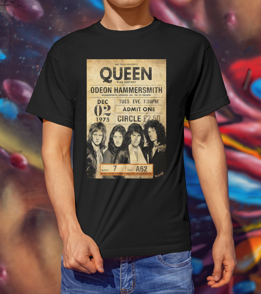 Queen Concert Odeon Hammersmith Dec 02 1975 Admit One Circle 7:30PM Block 7 Seat A62 T-Shirt