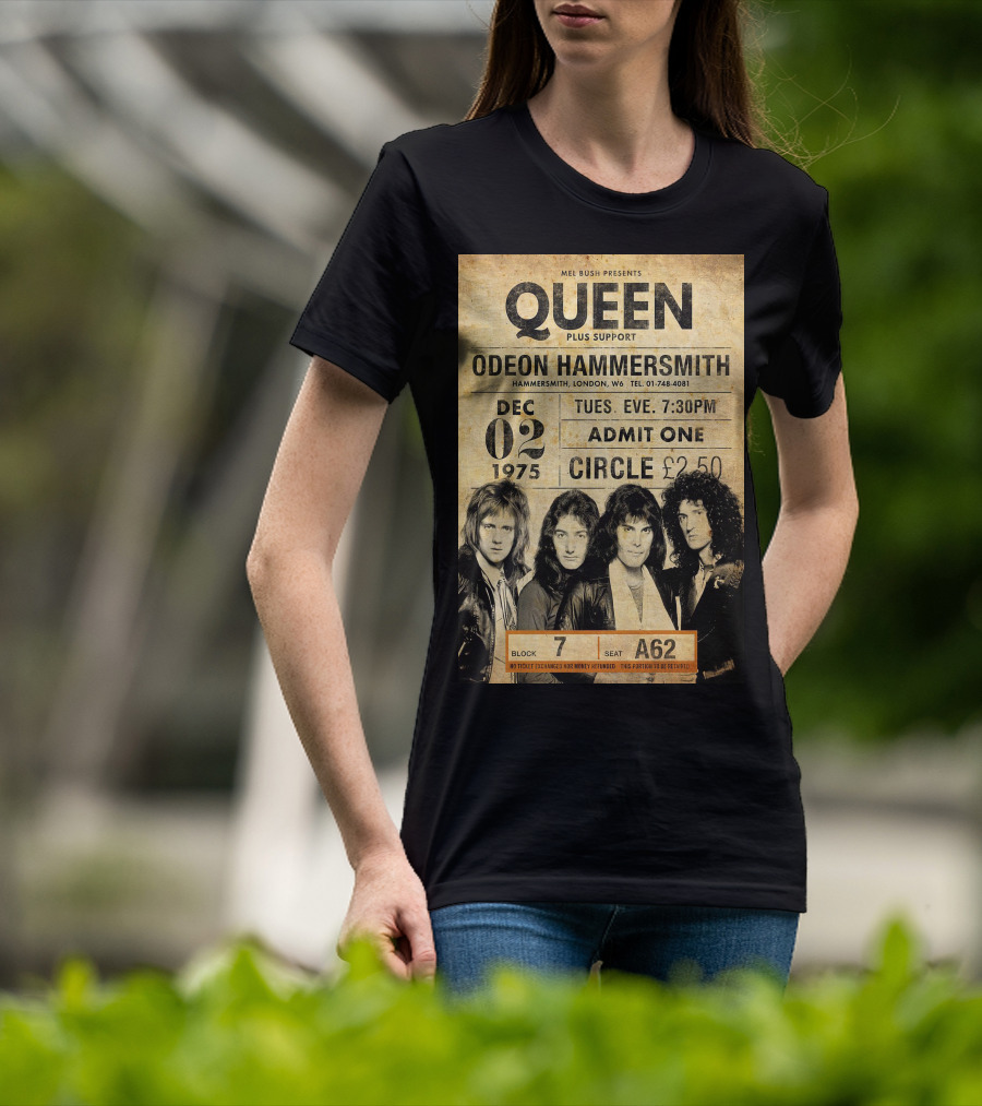 Queen Concert Odeon Hammersmith Dec 02 1975 Admit One Circle 7:30PM Block 7 Seat A62 T-Shirt