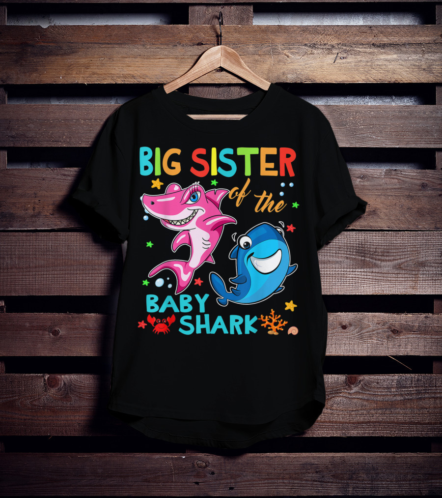 Big Sister Of The Baby Shark With Colorful Cartoon Characters And Sea Creatures T-Shirt