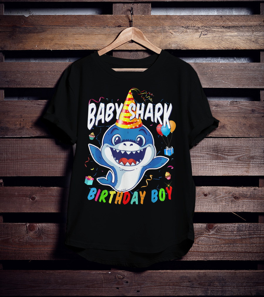 Baby Shark Birthday Boy Celebration With Party Hat And Balloons T-Shirt