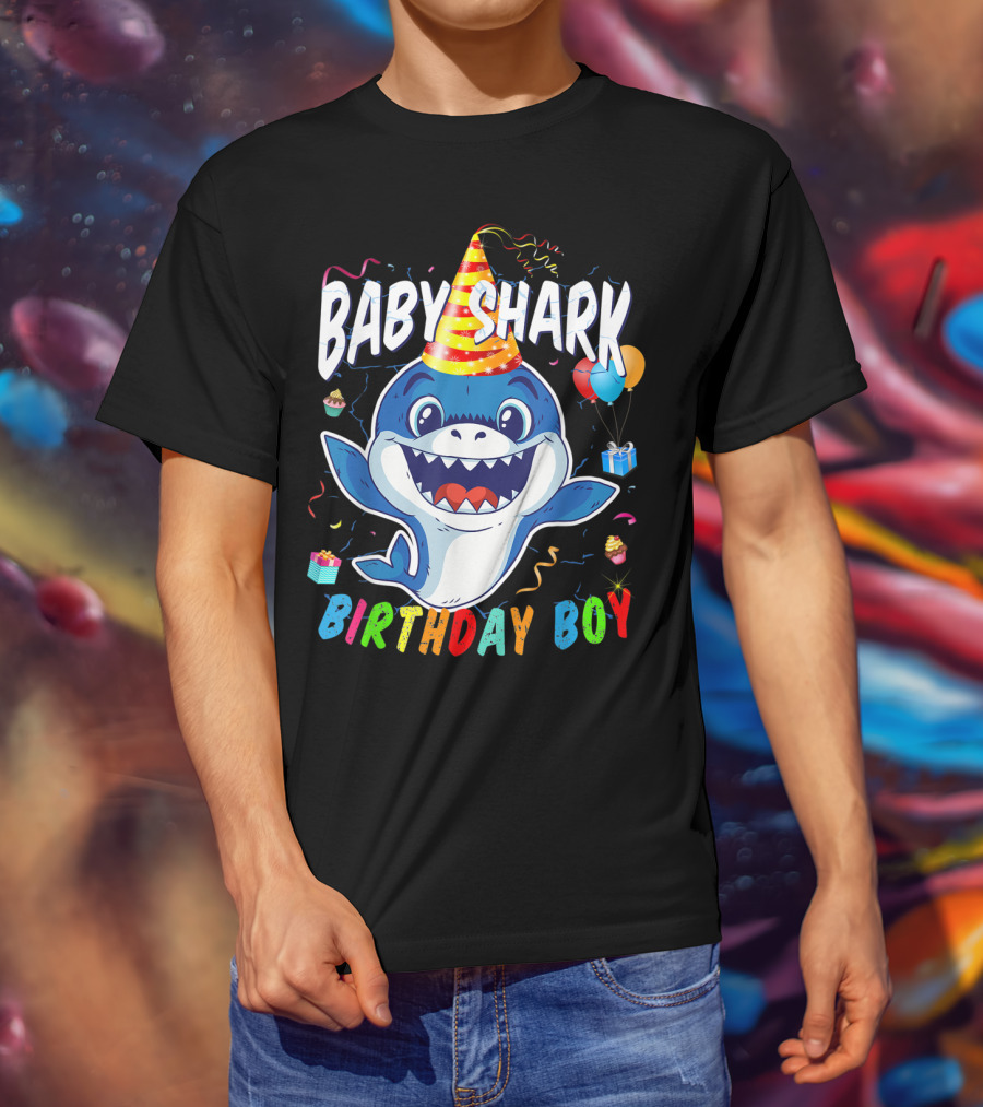 Baby Shark Birthday Boy Celebration With Party Hat And Balloons T-Shirt