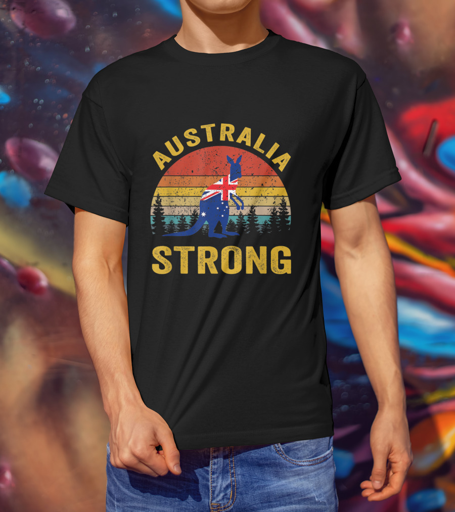 Australia Strong Kangaroo Flag Sunset Forest Scene T-Shirt