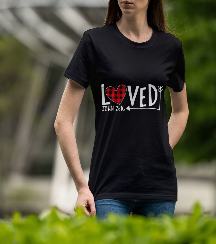 Loved John 3:16 Buffalo Plaid Heart Arrow T-Shirt