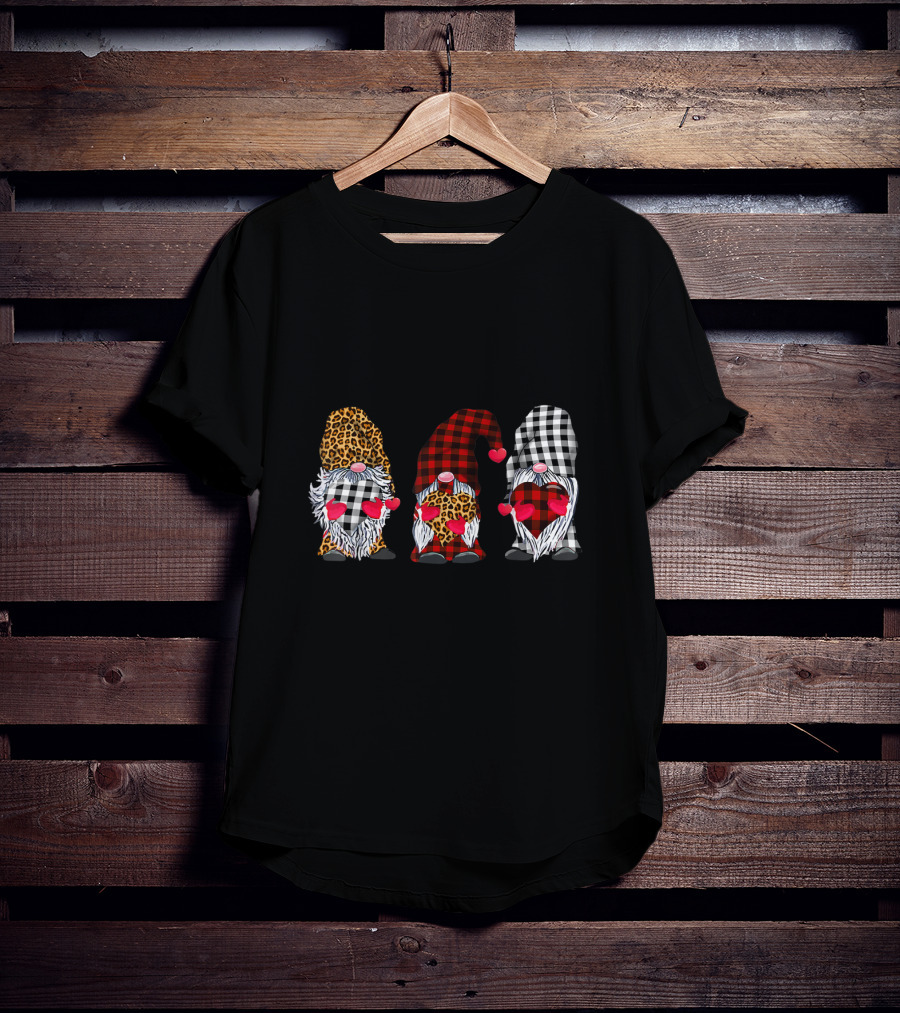 Three Gnomes Leopard Buffalo Plaid Hearts Valentines T-Shirt