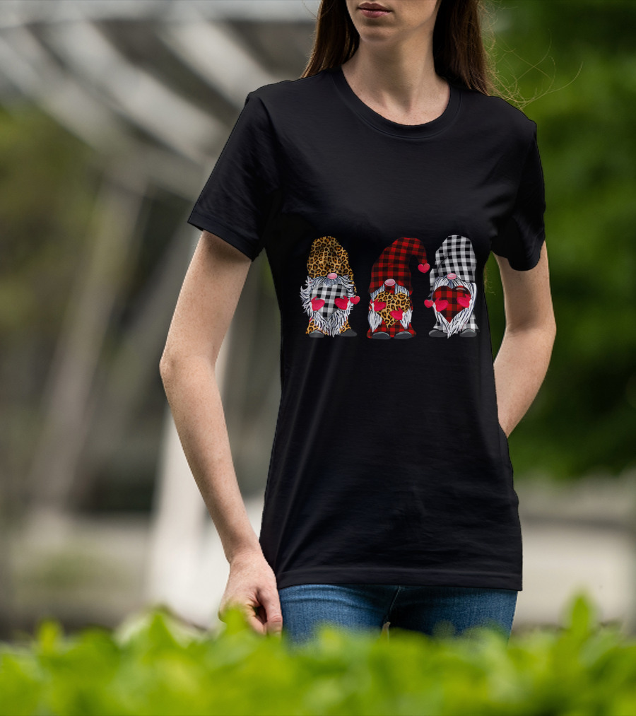 Three Gnomes Leopard Buffalo Plaid Hearts Valentines T-Shirt
