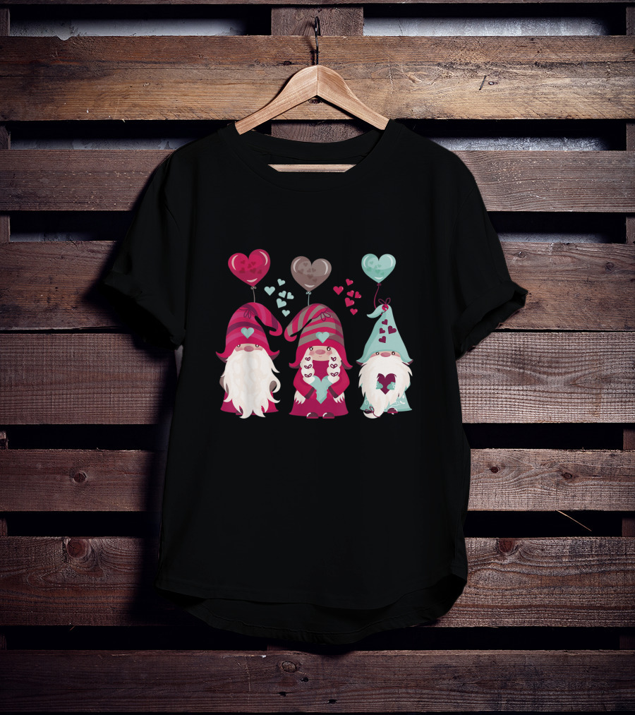 Three Gnomes With Heart Balloons Valentines T-Shirt