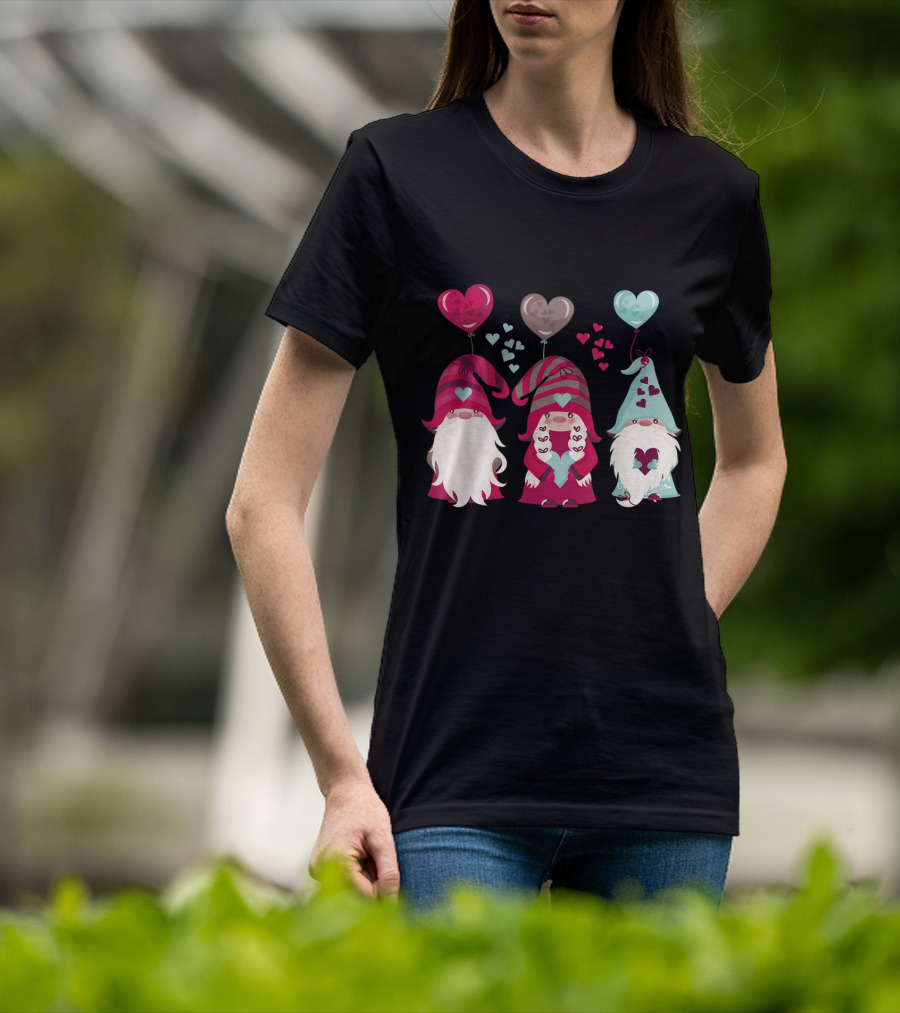 Three Gnomes With Heart Balloons Valentines T-Shirt