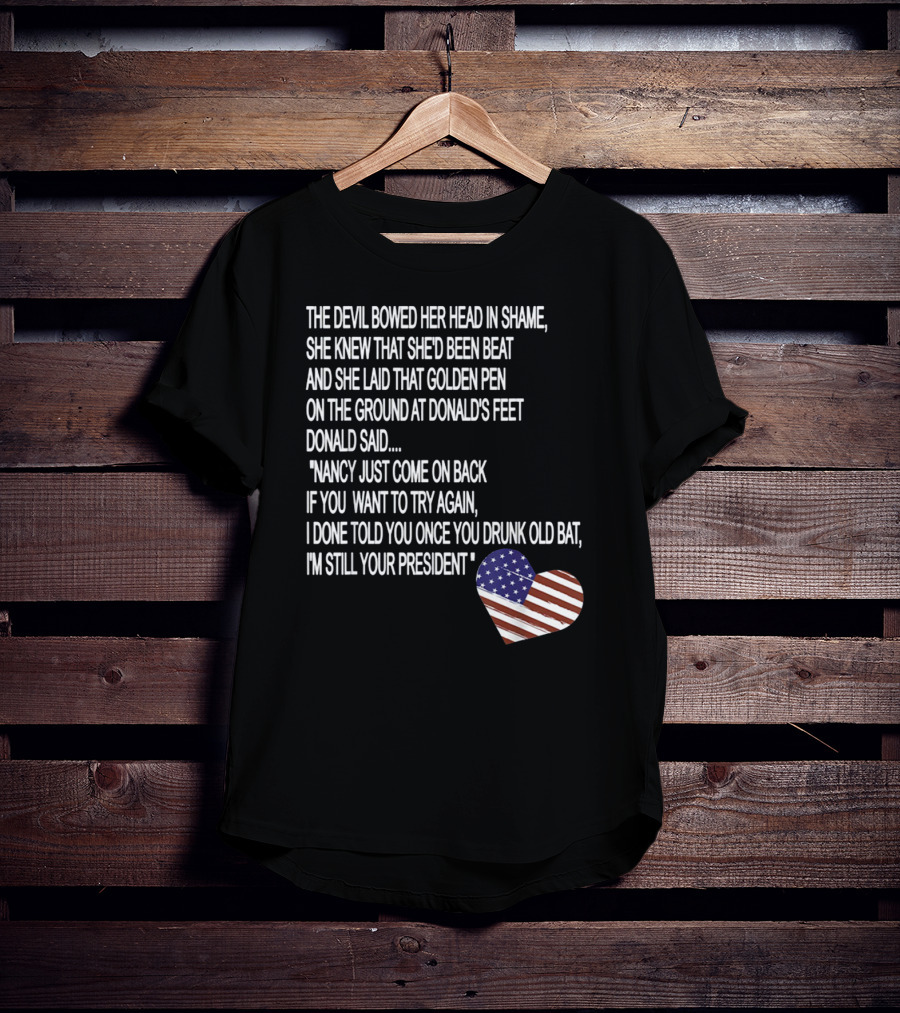 Impeachment Hoax Nancy Pelosi Poem The Devil Bowed Her Head With American Flag Heart T-Shirt