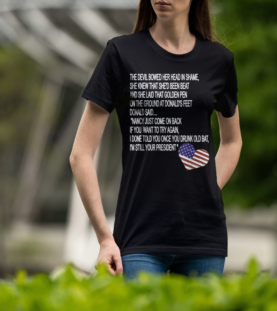 Impeachment Hoax Nancy Pelosi Poem The Devil Bowed Her Head With American Flag Heart T-Shirt