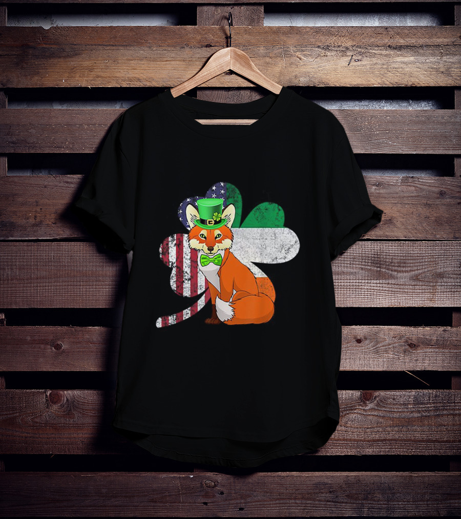 Irish American Flag Shamrock With Bow Tie Fox In Green Hat T-Shirt