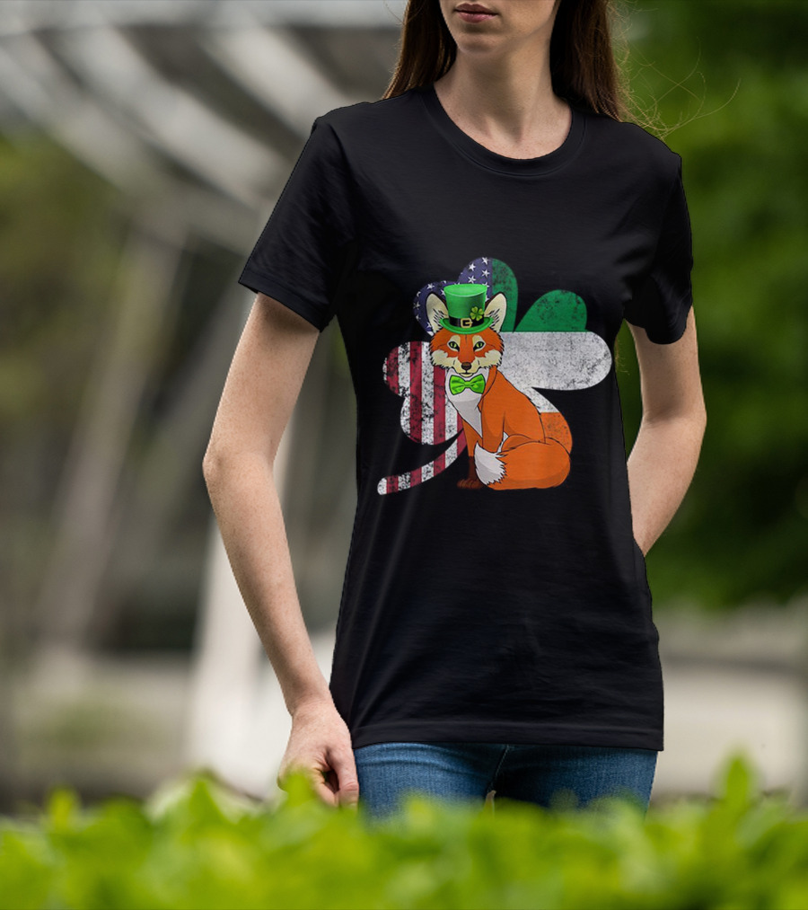 Irish American Flag Shamrock With Bow Tie Fox In Green Hat T-Shirt