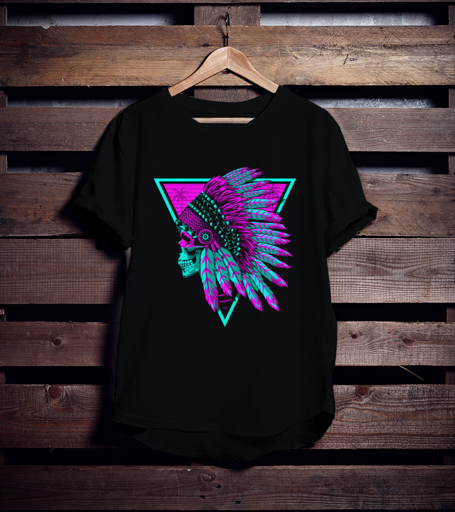 Retro Neon Skull With Headdress In Triangle Frame T-Shirt