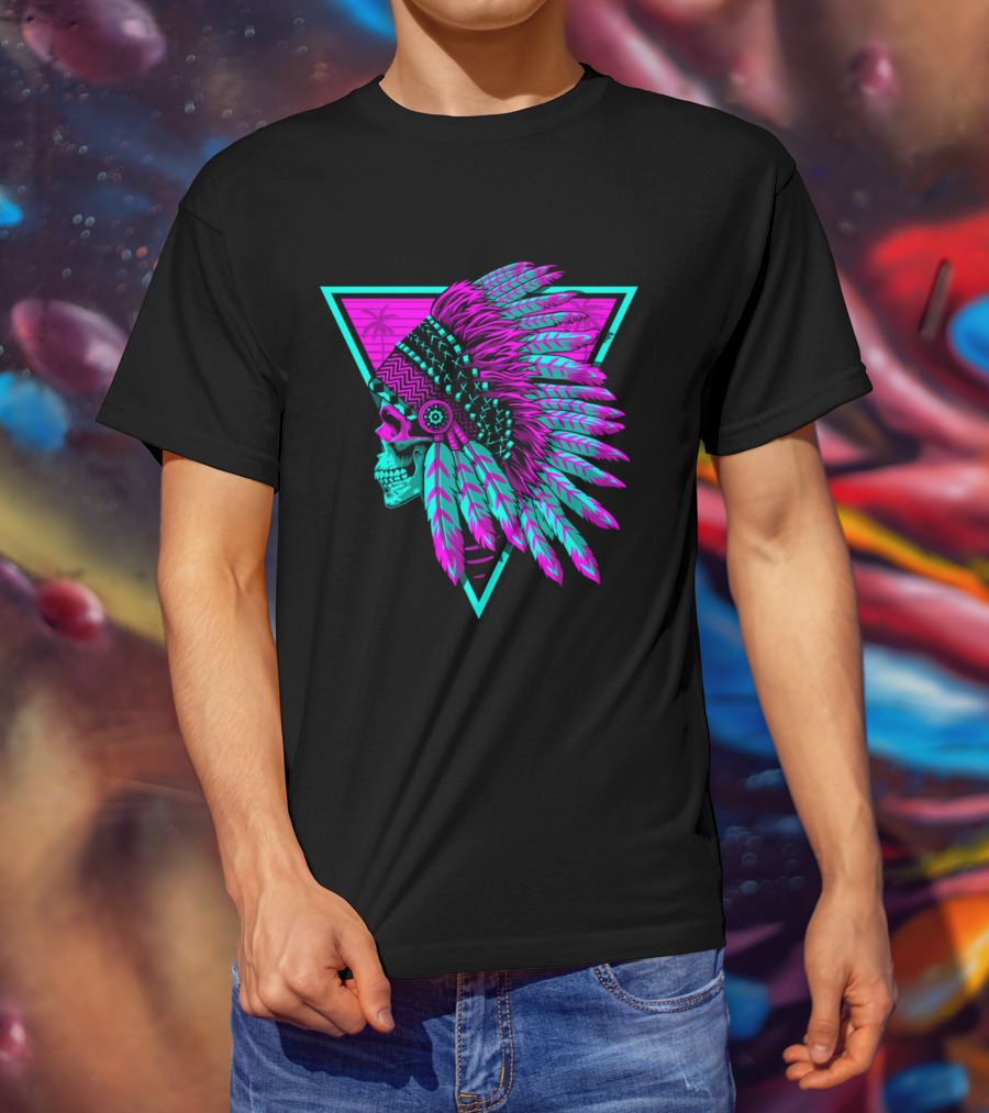 Retro Neon Skull With Headdress In Triangle Frame T-Shirt