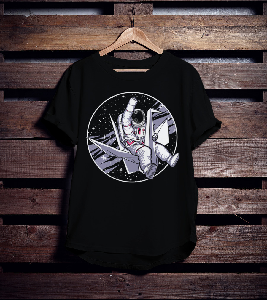 Astronaut Riding Origami Crane In Space Scene T-Shirt