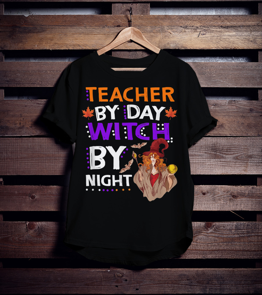 Teacher By Day Witch By Night Halloween Magic Bats Moon T-Shirt