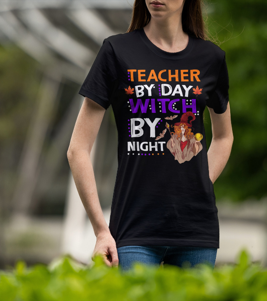 Teacher By Day Witch By Night Halloween Magic Bats Moon T-Shirt