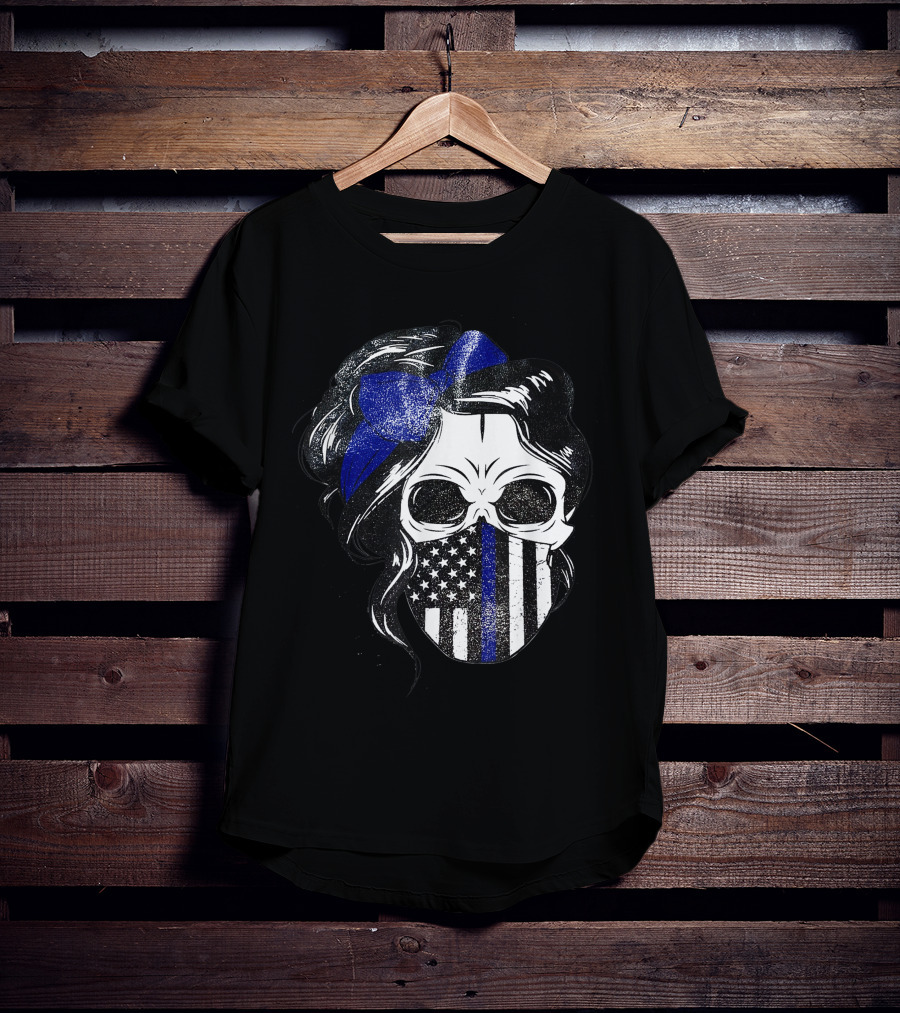 Skull Flag Blue Line Mask With Hair Bow And American T-Shirt