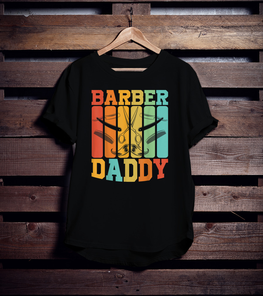 Barber Daddy Scissors And Comb Mustache Style Retro Blocks T-Shirt