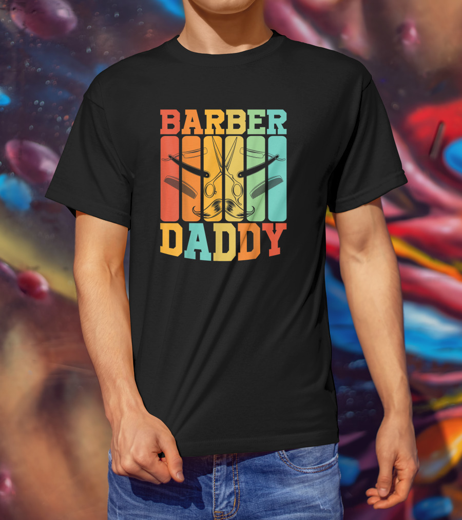 Barber Daddy Scissors And Comb Mustache Style Retro Blocks T-Shirt