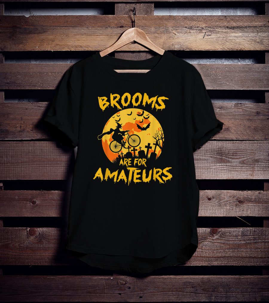 Brooms Are For Amateurs Witch Riding Bicycle Halloween Moon Graveyard Bats T-Shirt