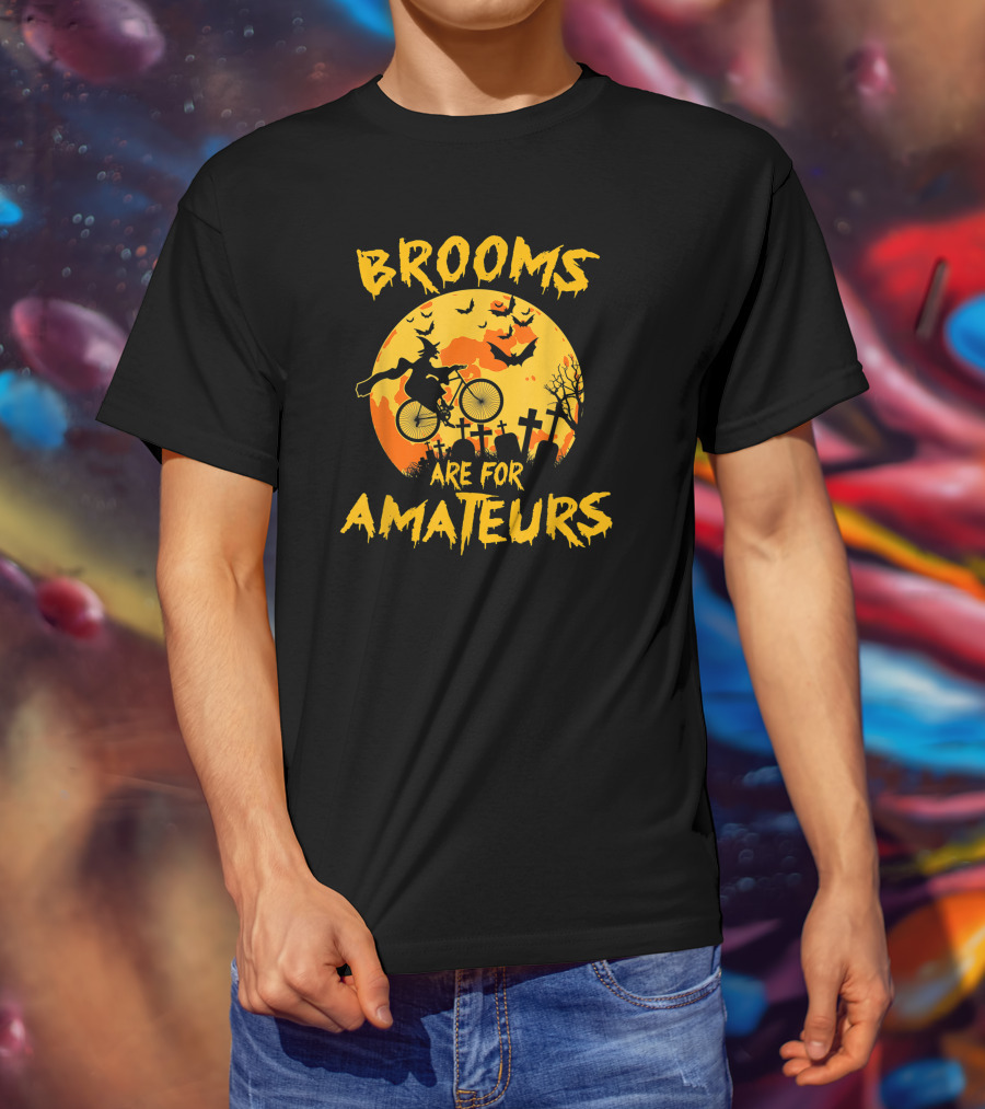 Brooms Are For Amateurs Witch Riding Bicycle Halloween Moon Graveyard Bats T-Shirt