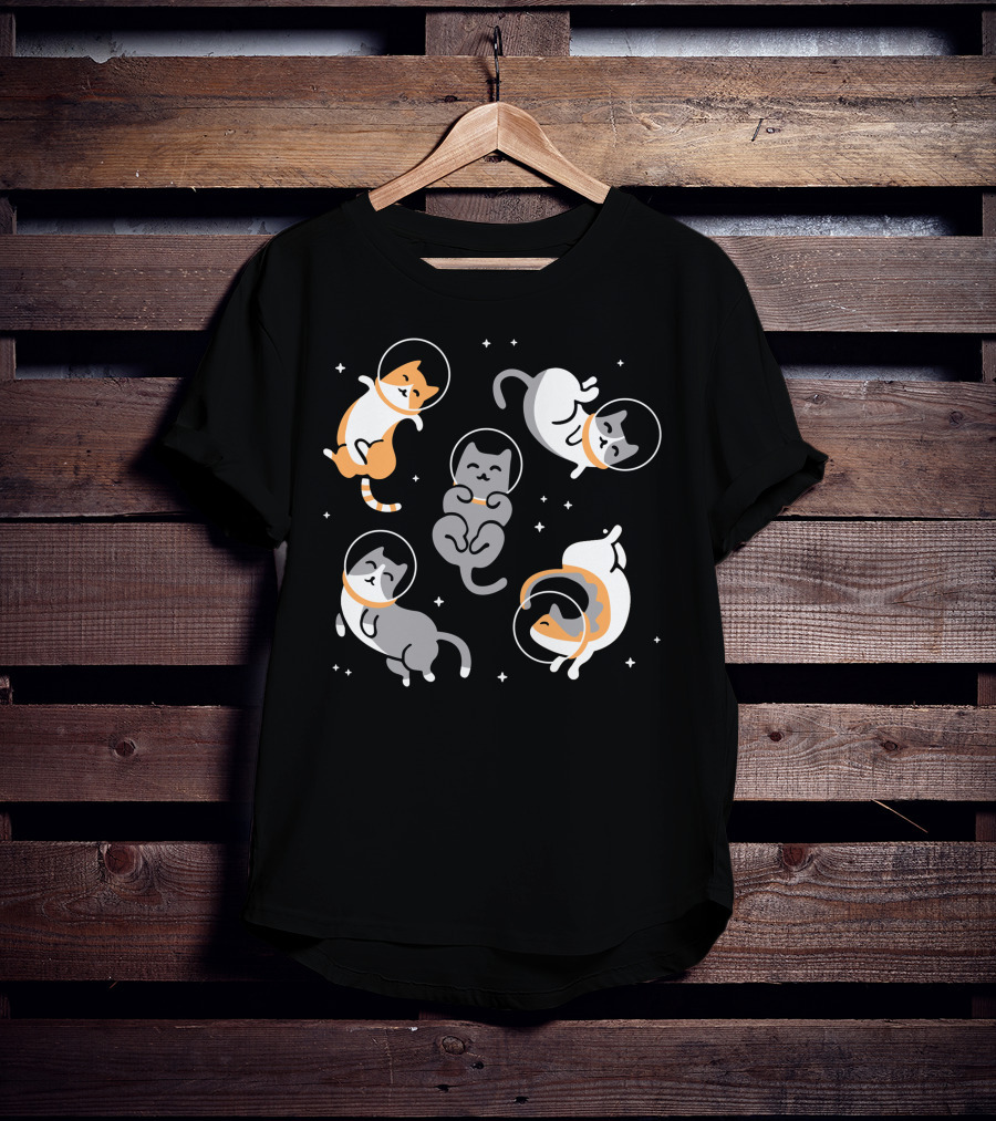 CATS IN SPACE Floating Cartoon Kittens In Astronaut Helmets Amid Stars T-Shirt