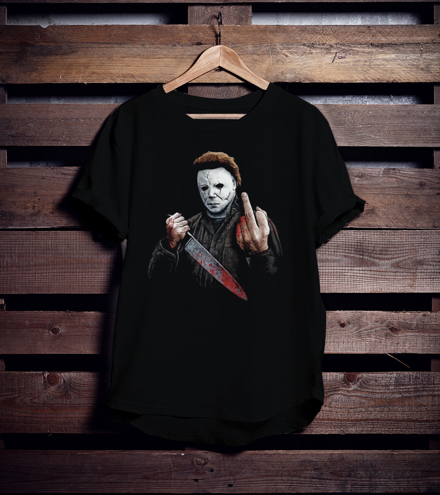 Halloween Michael Myers Holding Bloody Knife And Middle Finger Gesture T-Shirt