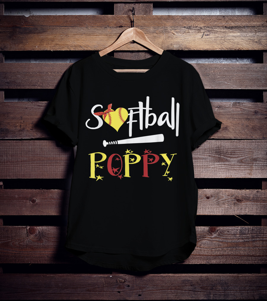 Softball Heart Bat Poppy Stars T-Shirt