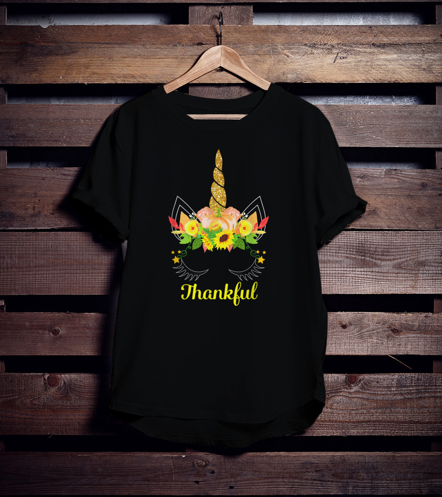 Thankful Thanksgiving Cute Unicorn Pumpkin Floral Sunflower T-Shirt