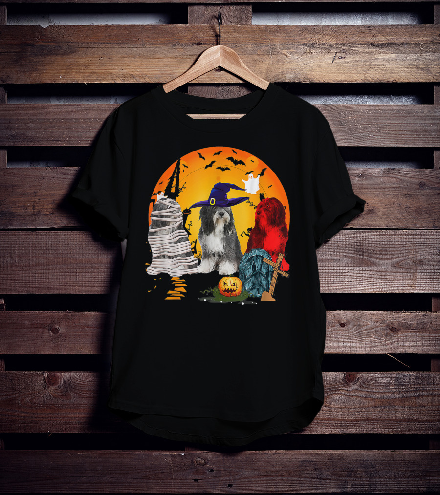 Tibetan Terrier Dog Family Of Three Halloween Spooky Scene With Witch Hat And Pumpkin T-Shirt