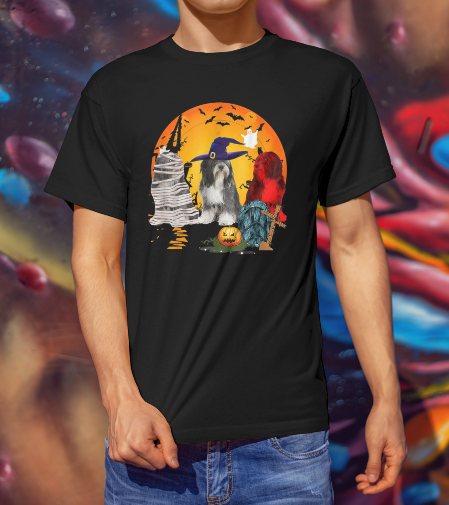 Tibetan Terrier Dog Family Of Three Halloween Spooky Scene With Witch Hat And Pumpkin T-Shirt