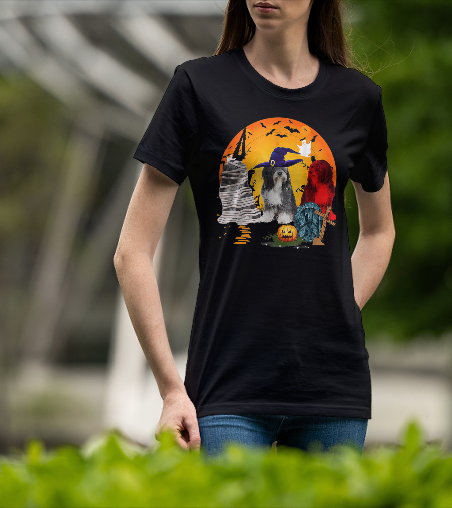 Tibetan Terrier Dog Family Of Three Halloween Spooky Scene With Witch Hat And Pumpkin T-Shirt