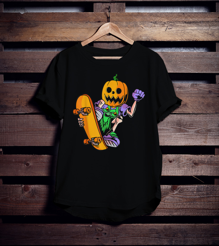 Pumpkin Head Trick Skateboarding With Halloween T-Shirt