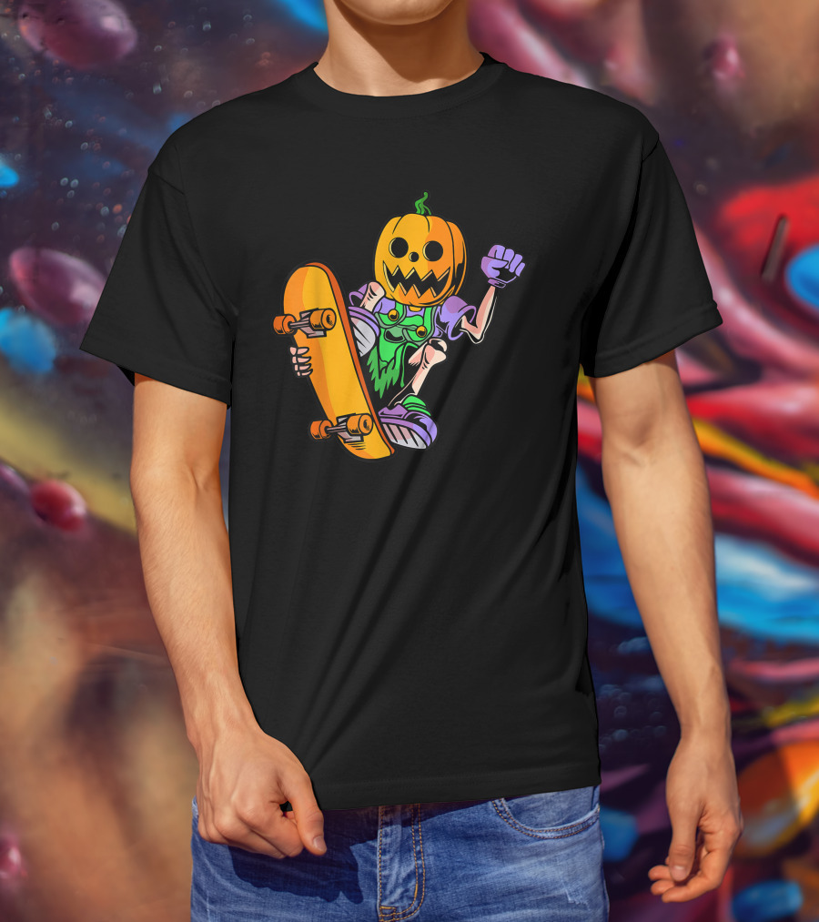 Pumpkin Head Trick Skateboarding With Halloween T-Shirt