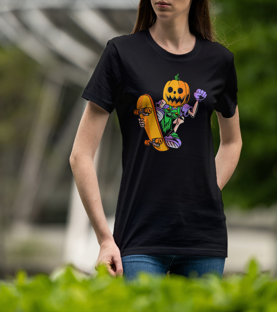 Pumpkin Head Trick Skateboarding With Halloween T-Shirt