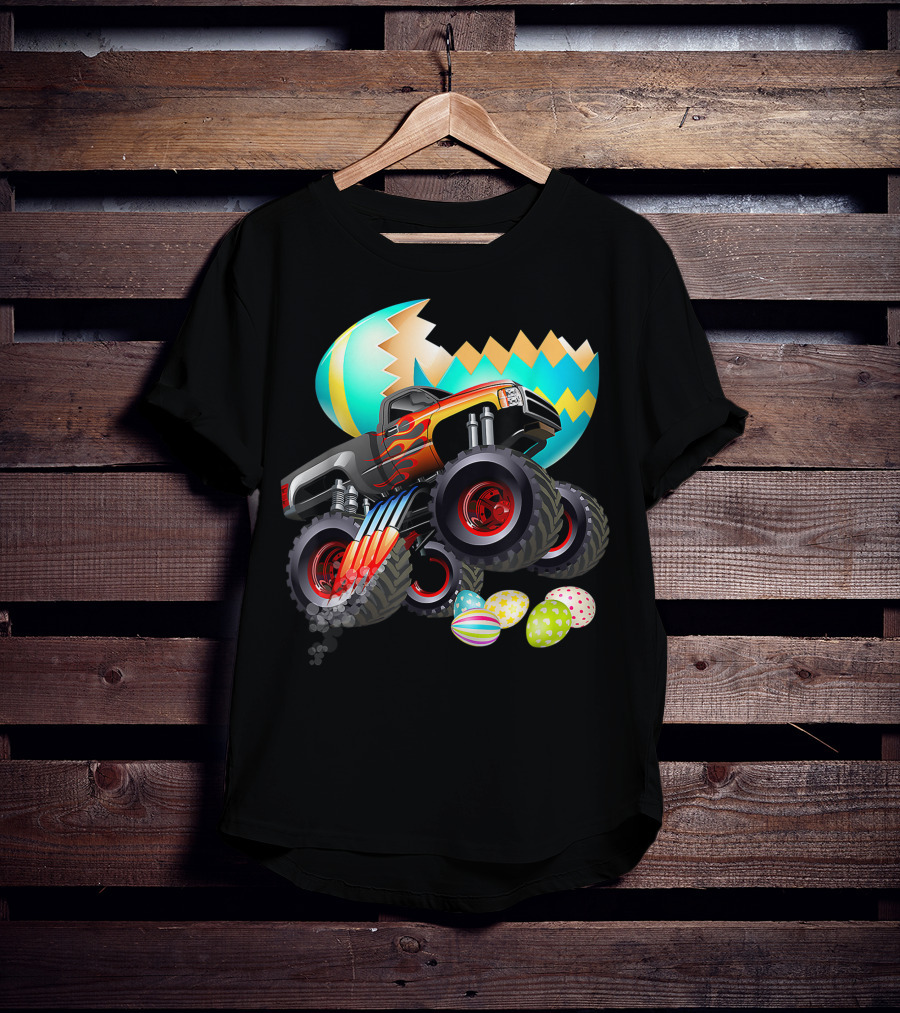 Monster Truck Cracking Colorful Easter Eggs Explosion T-Shirt