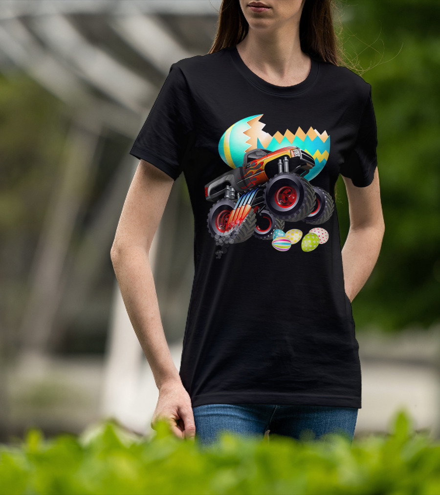 Monster Truck Cracking Colorful Easter Eggs Explosion T-Shirt