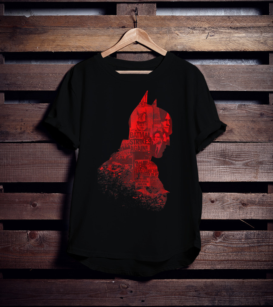 Batman Strikes Again Silhouette Collage Newspaper Headlines T-Shirt