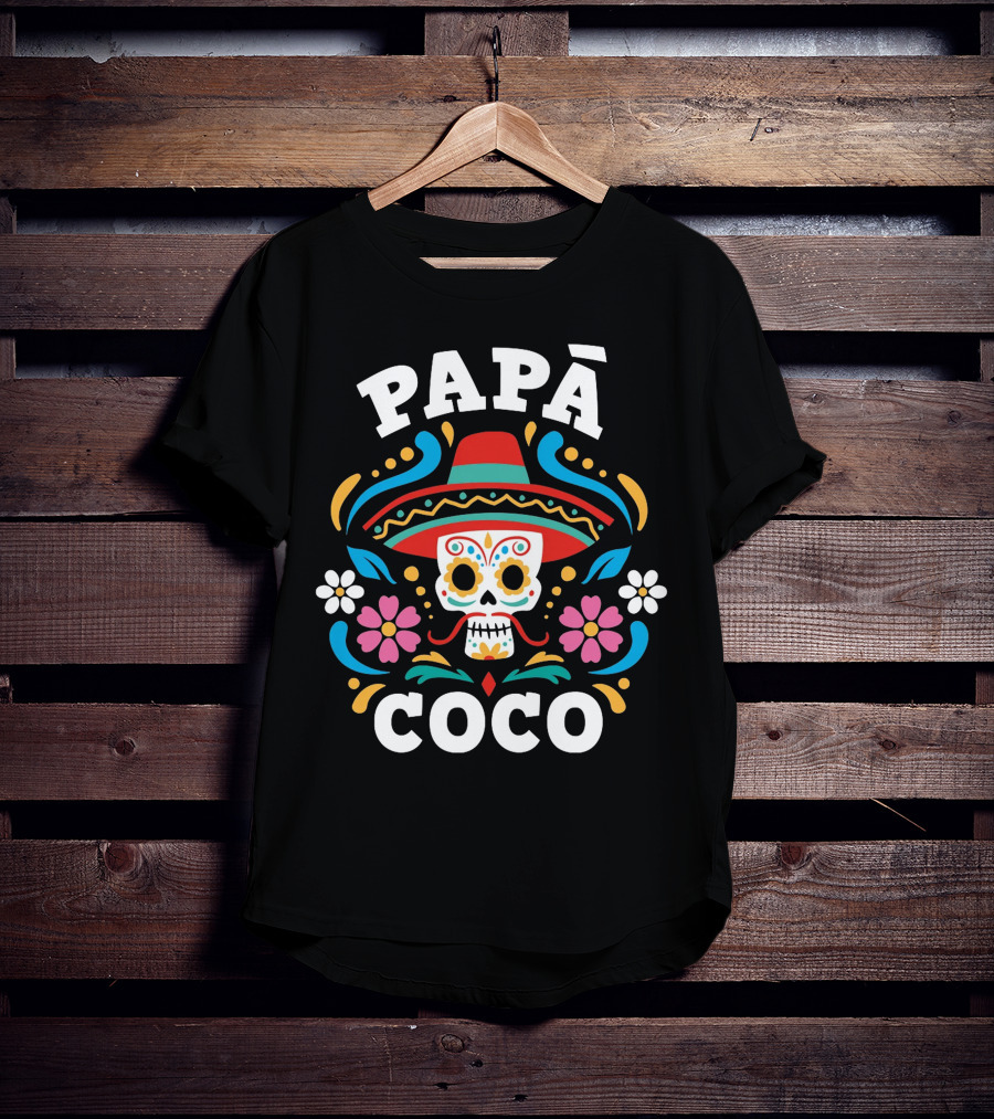 PAPÁ COCO Día De Los Muertos Sombrero Skull Mexican Floral Motif T-Shirt