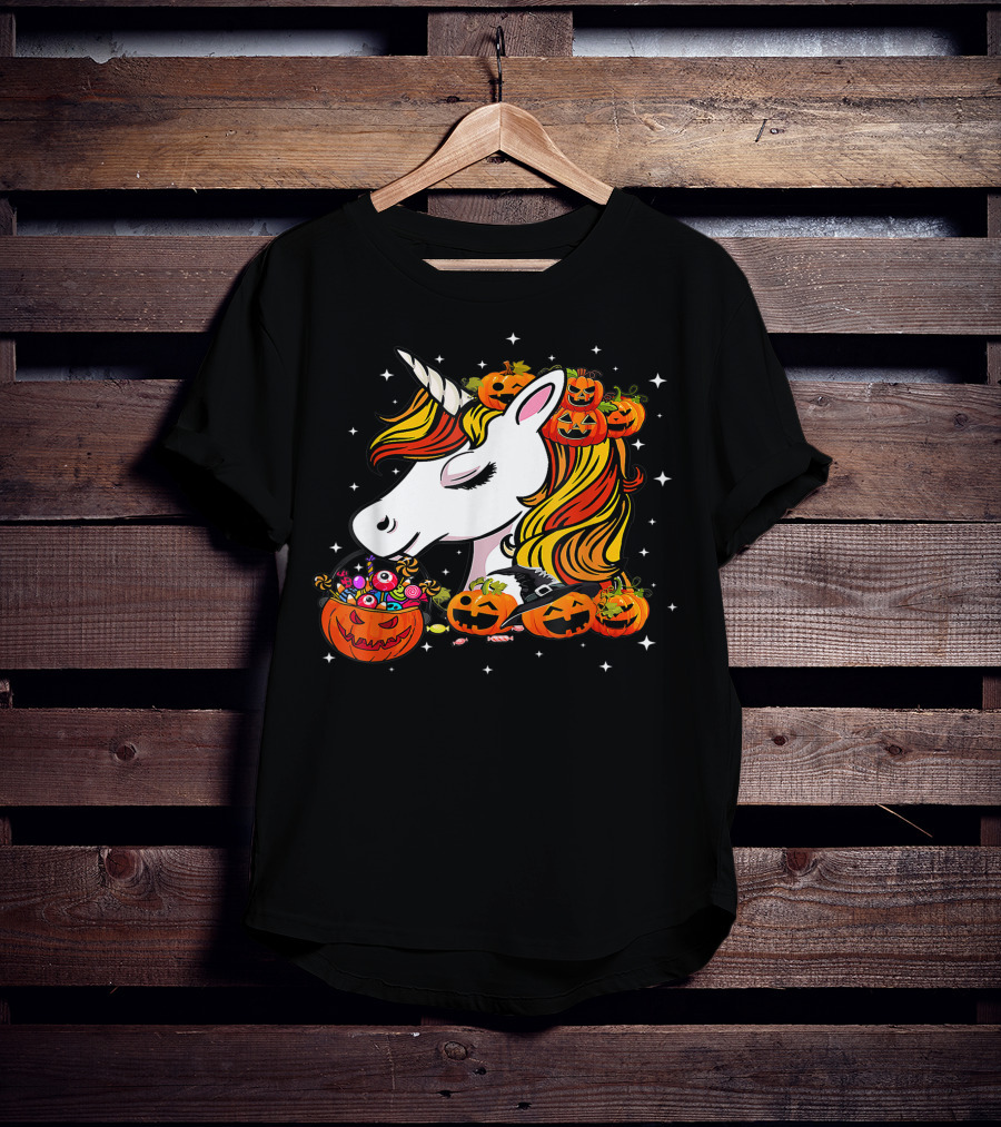 Candy Corn Unicorn Surrounded By Jack-O-Lanterns And Candy-Eyed Treats Halloween T-Shirt