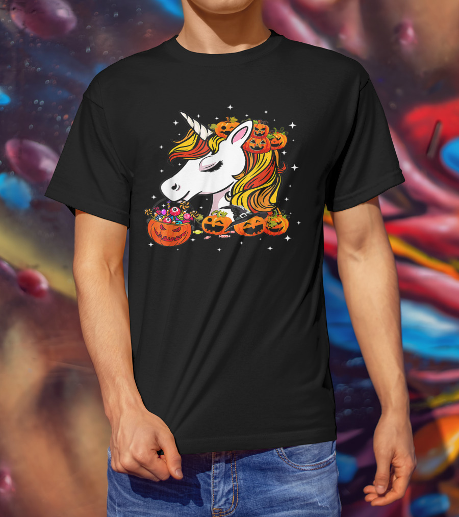 Candy Corn Unicorn Surrounded By Jack-O-Lanterns And Candy-Eyed Treats Halloween T-Shirt