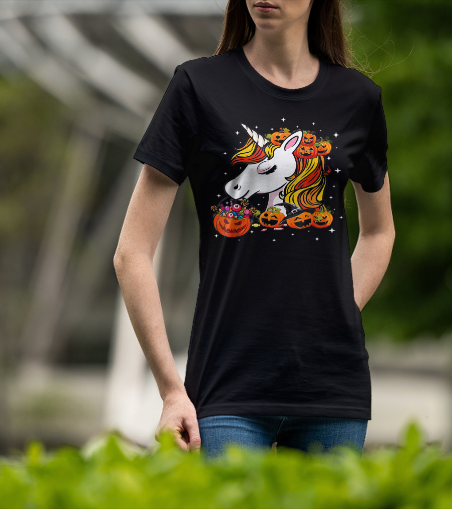 Candy Corn Unicorn Surrounded By Jack-O-Lanterns And Candy-Eyed Treats Halloween T-Shirt