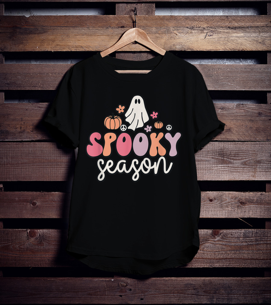 Groovy Ghost Spooky Season With Pumpkins Peace Flowers T-Shirt