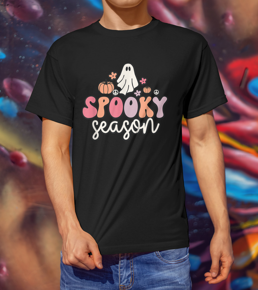 Groovy Ghost Spooky Season With Pumpkins Peace Flowers T-Shirt