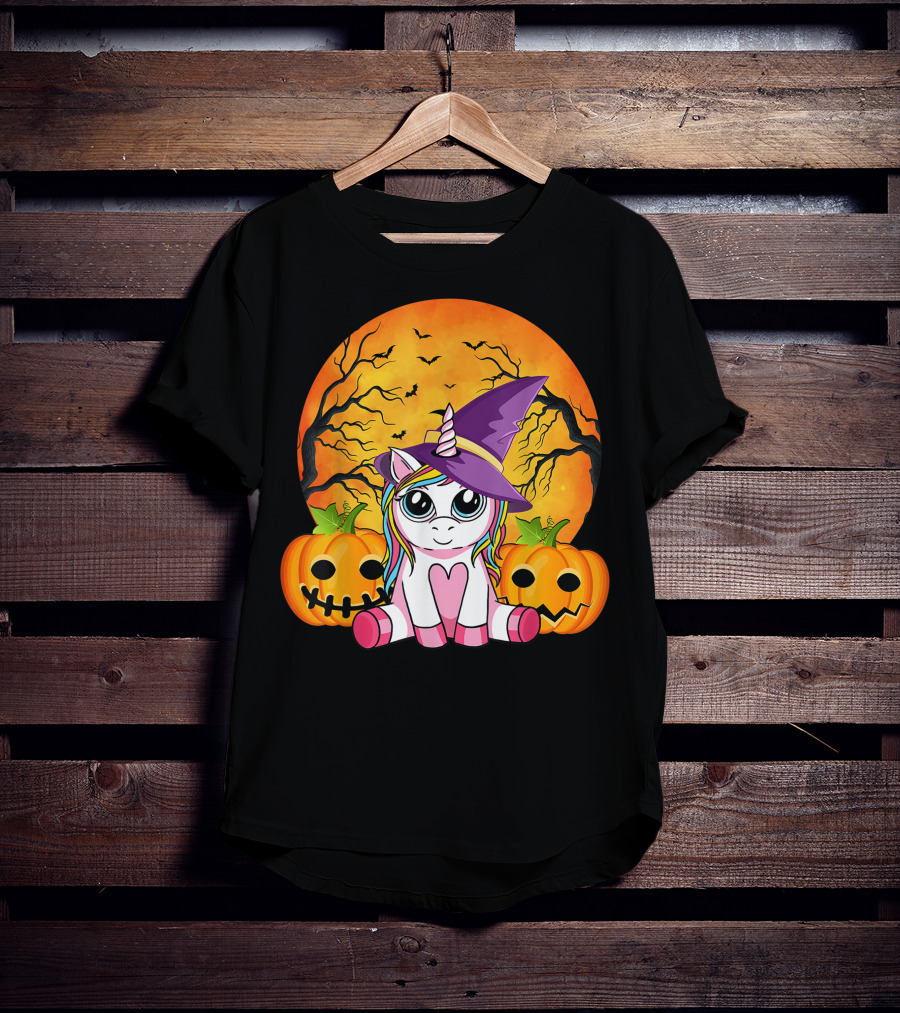 Witchy Unicorn Halloween With Pumpkins And Full Moon T-Shirt