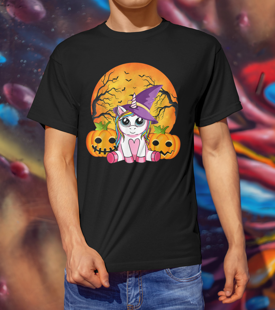 Witchy Unicorn Halloween With Pumpkins And Full Moon T-Shirt